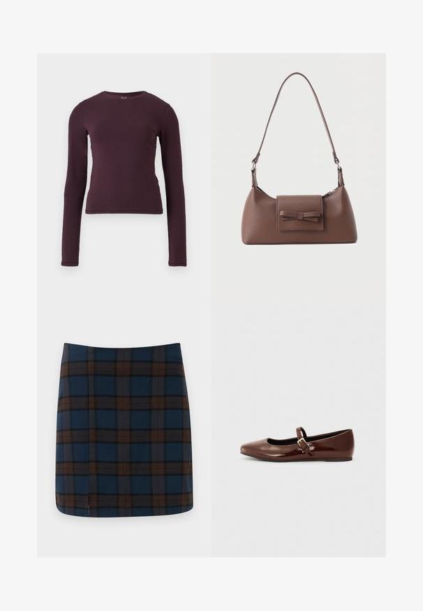 Haut à manches longues et col rond en violet foncé, fabriqué en tissu doux et extensible. Présente un design ajusté sans motifs ni accents visibles.; Jupe mini en tartan bleu marine avec des lignes marron et grises, fabriquée dans un tissu lisse, avec une fente discrète au dos pour plus de liberté de mouvement.; Ballerine en cuir verni marron avec un bout carré et une lanière ornée d'une petite boucle dorée. Texture lisse, talon bas et design minimaliste.; Sac à bandoulière en cuir marron avec une poche à rabat avant ornée d'un détail en forme de nœud cousu et une sangle réglable.