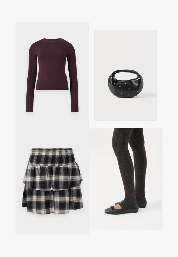 Haut à manches longues et col rond en violet foncé, fabriqué en tissu doux et extensible. Présente un design ajusté sans motifs ni accents visibles.; Jupe à volants à carreaux noir et blanc avec taille smockée. Avec des couches froncées et une texture douce en coton.; Jambes portant des leggings côtelés foncés associés à des ballerines noires avec de petits détails en nœud sur fond blanc.; Sac à main en cuir noir de forme arrondie, décoré de clous argentés et équipé d'une poignée courte. Texture lisse et fermeture éclair.