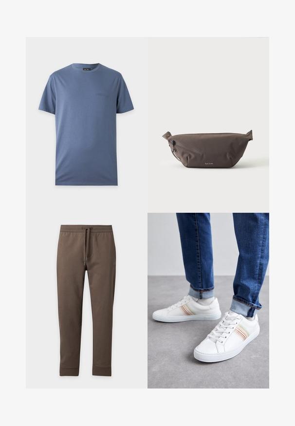 T-shirt bleu uni à manches courtes avec col rond et petit logo brodé discret sur la poitrine gauche.; Pantalon de survêtement marron fuselé avec taille élastique et cordon, présenté à plat sur un fond clair.; Baskets en cuir blanc avec des rayures multicolores, design à lacets, semelle en caoutchouc et col rembourré, associées à un jean en denim bleu.; Sac banane en tissu marron foncé avec poche zippée en diagonale et petit logo blanc sur le devant, sur un fond clair uni.