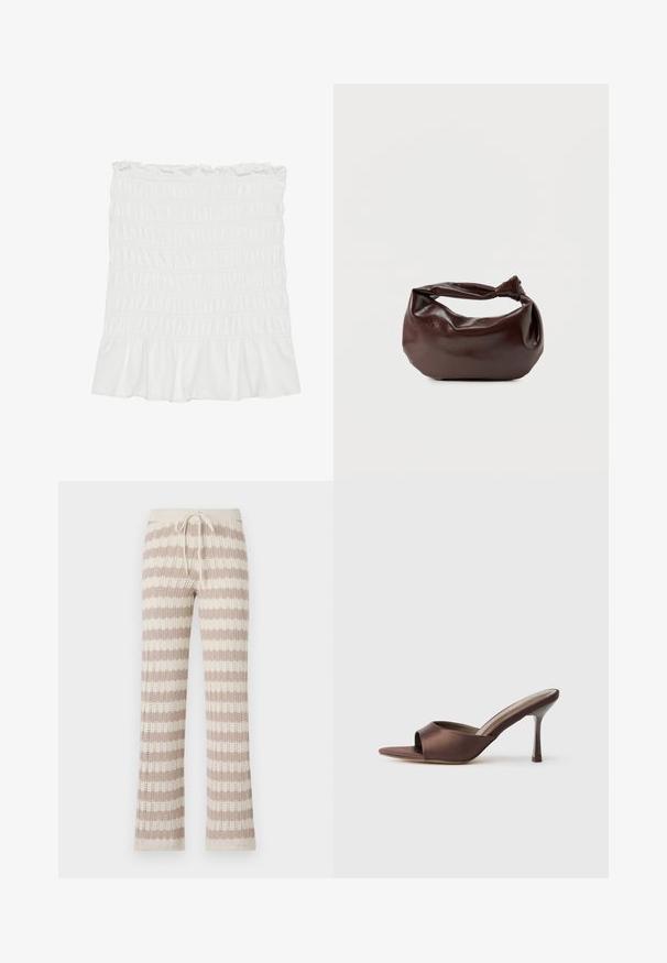 Jupe blanche en tissu smocké avec un ourlet volanté et une taille élastique, présentant une surface texturée et un design fluide.; Pantalons d'intérieur tricotés avec des rayures verticales beige et crème, dotés d'une taille à cordon et d'une texture tricotée ouverte.; Mule en satin marron à bout ouvert avec un talon fin de hauteur moyenne et une conception à enfiler sur fond blanc uni.; Sac bandoulière en cuir marron foncé avec une forme souple et décontractée et une anse nouée torsadée sur un fond blanc uni.