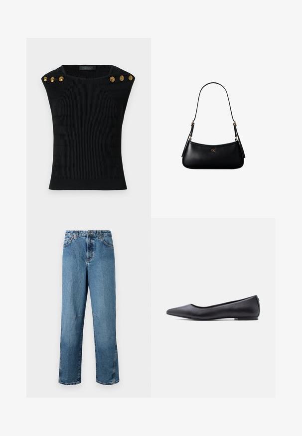 Sort ribbet strikbluse med skulderknapper i guld. Har teksturerede mønstre, tætsiddende design og rund halsudskæring.; Lyseblå denimjeans med lige pasform, udstyret med stiklommer, en frontknaplukning og minimal falmning på stoffet.; Sort flad lædersko med spidst tåparti og lav hæl, vist i sideprofil mod en hvid baggrund.; Sort læder mini skuldertaske med tynd rem og lille gyldent CK-logo på fronten i midten.