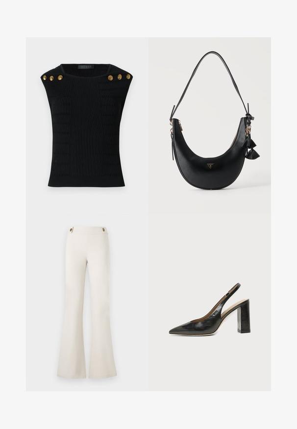Sort ribbet strikbluse med skulderknapper i guld. Har teksturerede mønstre, tætsiddende design og rund halsudskæring.; Guess MAELICE BUTTONS FLARE PANT - Bukser - muted stone; Sort læder peep-toe slingback sko med høj blokhæl og beige indvendig foring mod en ensfarvet lys baggrund.; Sort skuldertaske i halvmåneform med tekstureret overflade, gylden lynlås, kvast vedhæng og lille trekantet Guess-logo foran i midten.