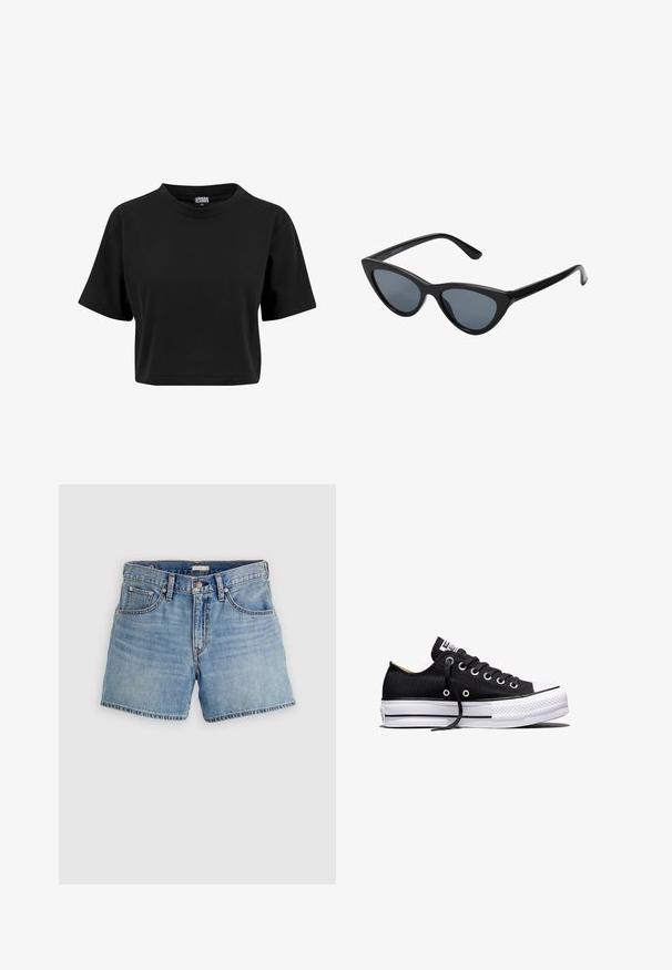 T-shirt noir court en coton, avec un col rond et des manches courtes, présentant une texture lisse et unie sans graphiques visibles.; Shorts en denim bleu clair, taille haute, avec cinq poches, une braguette zippée et un ourlet brut. Coutures classiques et texture légèrement délavée.; Baskets basses en toile noire avec semelle plateforme en caoutchouc blanche, lacets noirs et œillets métalliques sur fond blanc.; Lunettes de soleil noires en forme d'œil de chat avec des verres gris foncé, monture en plastique élégante, coins pointus et branches droites. Pas de métal visible ni d'accents.