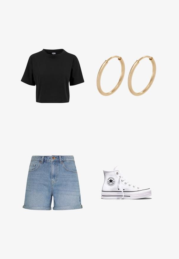 T-shirt noir court en coton, avec un col rond et des manches courtes, présentant une texture lisse et unie sans graphiques visibles.; Shorts en denim bleu clair à taille haute, avec des ourlets roulés et un design classique à cinq poches, comportant un bouton en métal et des accents de couture.; Baskets blanches montantes Converse Chuck Taylor All Star avec des rayures noires et un patch logo sur le côté, présentées sur un fond blanc uni.; Boucles d'oreilles en or en forme de créoles, avec une finition lisse et polie. Forme arrondie, de taille moyenne, dotées d'un mécanisme de fermeture sécurisé.