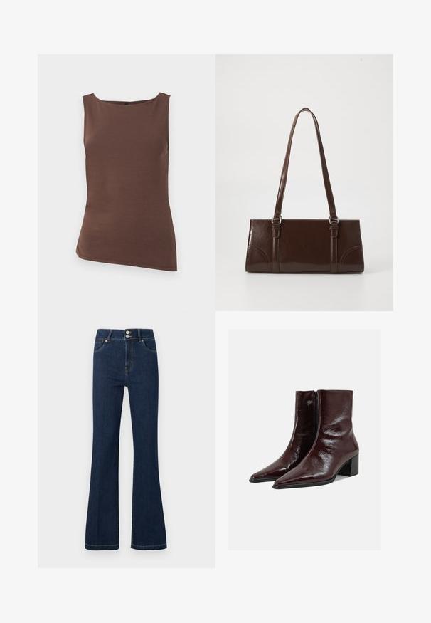 Haut marron ajusté sans manches, avec un col bateau et un ourlet droit, présenté sur un fond blanc uni.; Jean en denim bleu foncé avec taille haute, double bouton de fermeture, poches avant et jambes légèrement évasées.; Bottines en cuir marron foncé brillant avec bouts pointus, fermeture éclair latérale et talons blocs sur un fond uni gris clair.; Sac à main en cuir verni marron de forme rectangulaire, avec deux longues poignées et des accents courbés subtils à l'avant.
