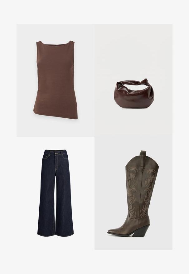 Haut marron ajusté sans manches, avec un col bateau et un ourlet droit, présenté sur un fond blanc uni.; Jean en denim bleu foncé à jambes larges avec bouton et fermeture éclair devant, poches avant et poche monnaie, avec des coutures contrastées visibles.; Botte de cowboy en cuir marron avec un embout pointu, un talon compensé et des broderies décoratives. Dispose d'un long tige et d'une languette de tirage.; Sac bandoulière en cuir marron foncé avec une forme souple et décontractée et une anse nouée torsadée sur un fond blanc uni.