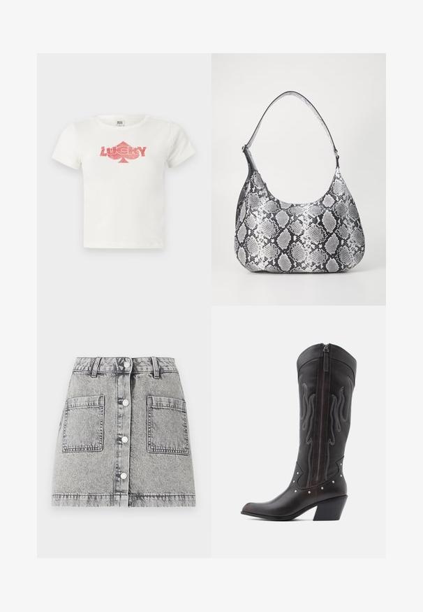Camiseta blanca de algodón de manga corta con un gráfico de purpurina rosa que dice "LUCKY" y una forma de trébol debajo.; Falda de mezclilla en gris claro con una textura desgastada, con cierre de botones al frente, dos grandes bolsillos frontales y corte recto.; Botas de cowboy de cuero marrón con costuras en forma de llama, cremallera lateral, tachuelas plateadas, punta puntiaguda y tacón apilado.; Bolso de hombro con estampado de serpiente en blanco y negro, de forma redondeada, textura suave y correa curvada. Presenta un acento de hardware plateado.
