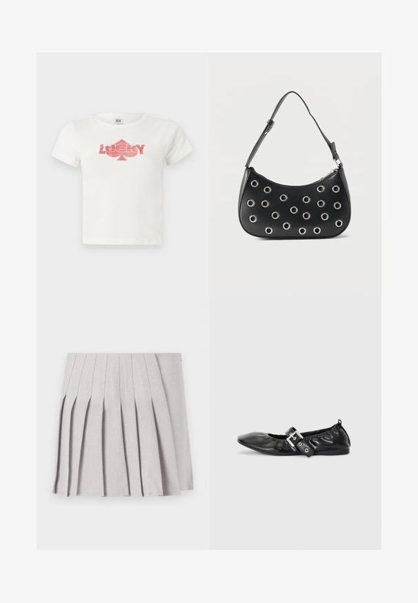 Camiseta blanca de algodón de manga corta con un gráfico de purpurina rosa que dice "LUCKY" y una forma de trébol debajo.; Falda gris con pliegues y una textura suave, que presenta múltiples pliegues verticales y una cintura ajustada. Fabricada con un tejido ligero.; Zapato plano de piel negra con puntera afilada, detalle fruncido alrededor de la abertura y un acento de hebilla plateada en la correa ajustable.; Bolso de hombro de cuero negro con correa ajustable, adornos de ojales metálicos plateados y cierre superior con cremallera.