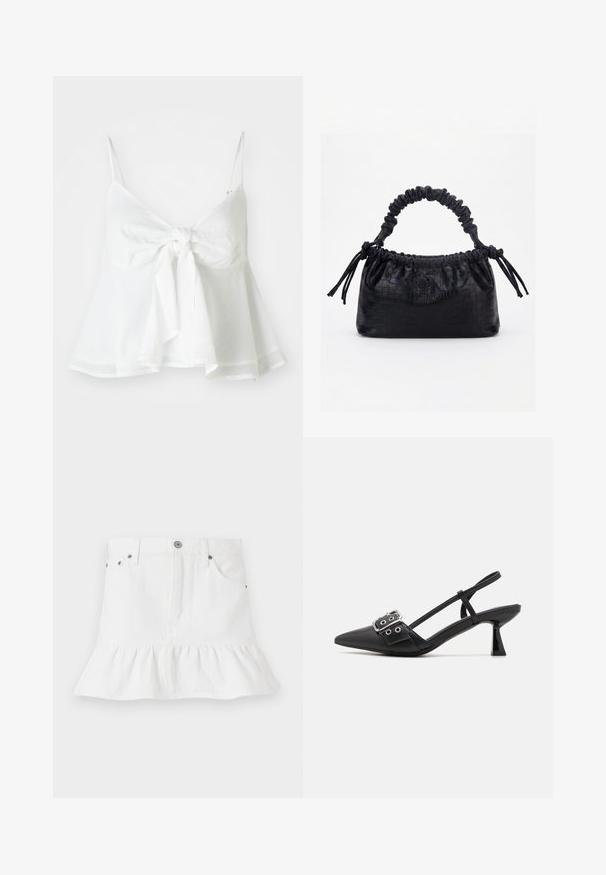 Hvidt linned crop top med justerbare spaghetti-stropper og en frontbinding. Har en udvidet søm for en afslappet pasform.; Hvid denimnederdel med flæsekanter, der har et fem-lommers design, frontlukning med knapper og metalhardware detaljer.; Simmi London DALA - Pumps - black; Sort taske med krokodilletekstur, rynket øverste kant, samlet hank og snore med kvaster på hver side mod en hvid baggrund.