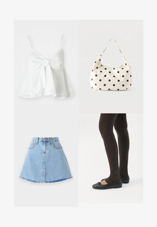 Hvidt linned crop top med justerbare spaghetti-stropper og en frontbinding. Har en udvidet søm for en afslappet pasform.; Denim A-line nederdel i lyseblå med frynset kant, fem lommer og knaplukning. Har kobberfarvet hardware og diskrete syninger.; Ben iført mørke ribbede leggings kombineret med sorte balletsko med små sløjfedetaljer på hvid baggrund.; Håndtaske i cremefarvet stof med sorte polkaprikker og en enkelt skulderrem, vist mod en ensfarvet hvid baggrund.