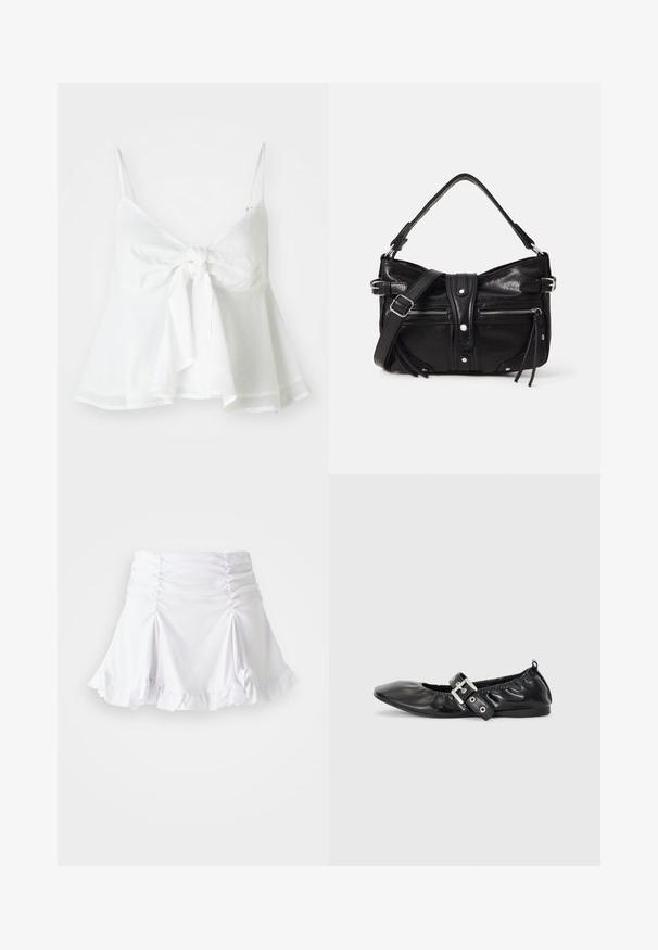 Hvidt linned crop top med justerbare spaghetti-stropper og en frontbinding. Har en udvidet søm for en afslappet pasform.; Hvid nederdel lavet af tekstureret stof med rynkedetaljer og bølger. Har en udvidet design med en tætsiddende talje.; Sorte læder flade sko med spids tå, samling detaljer omkring åbningen, og en sølv spænde accent på den justerbare rem.; Even&Odd by Zalando H24462 - Håndtasker - black