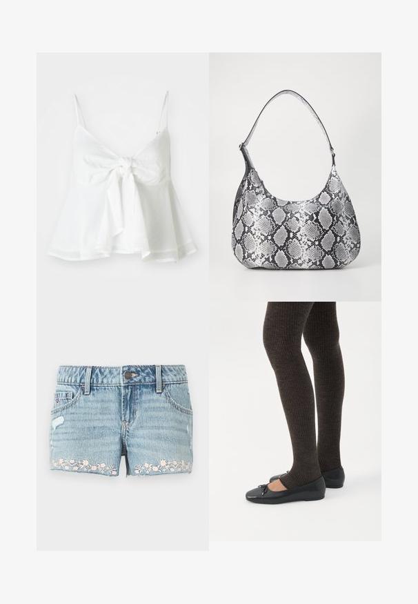 Hvidt linned crop top med justerbare spaghetti-stropper og en frontbinding. Har en udvidet søm for en afslappet pasform.; Lyseblå denimshorts med en frynset kant. Har blomsterbroderi i pink nær kanten, fem-lomme design og knaplukning.; Ben iført mørke ribbede leggings kombineret med sorte balletsko med små sløjfedetaljer på hvid baggrund.; Sort-hvid slangemønster skuldertaske med en rund form, glat tekstur og en buet rem. Har et sølvfarvet hardware-accents.