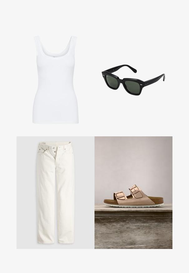 Hvid tanktop med rund udskæring, brede skulderstropper og tætsiddende design, lavet af et glat, strækbart stof.; Hvide jeans med høj talje, lige ben, knaplukning, lommer foran og bagpå samt synlige kobbernitter i lommekanterne.; Rosenfarvede slidesandaler i metal med to justerbare metalspænder, korkfodbed og hvid gummisål. Glat metalfinish, åben tå-design.; Sorte firkantede solbriller med mørkegrønne linser, der har kraftige stel og sølvdetaljer på siderne. Fremstillet i Italien.