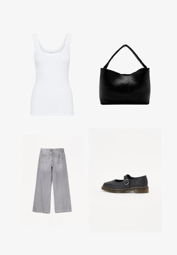Weißes Tanktop mit rundem Ausschnitt, breiten Schulterträgern und tailliertem Schnitt, aus einem glatten, dehnbaren Stoff gefertigt.; Graue weite Jeans mit hoher Taille, ausgestattet mit einer glatten Textur, zwei Gesäßtaschen und dezenten Nähten.; Schwarze Leder-Mary-Jane-Schuhe mit abgerundetem Zeh, verstellbarem Schnallenverschluss, gelben Nähten und einer dicken braunen Gummisohle.; Schwarze gewebte Handtasche mit einem geflochtenen Griff, rechteckiger Form und glänzend strukturierter Oberfläche.