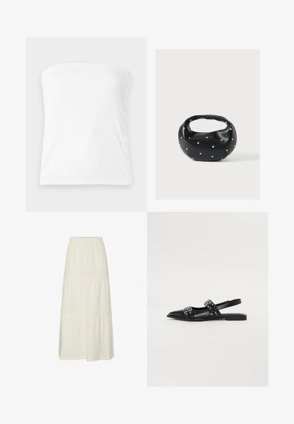 Top blanc sans bretelles en tissu côtelé, avec un décolleté droit et des boutons sur le côté droit pour un ajustement ajustable.; Jupe maxi blanche à plusieurs niveaux, en tissu léger et texturé, dotée d'une taille élastique. Comprend trois sections de tissu distinctes.; Even&Odd by Zalando Ballerines à brides arrière - black; Sac à main en cuir noir de forme arrondie, décoré de clous argentés et équipé d'une poignée courte. Texture lisse et fermeture éclair.