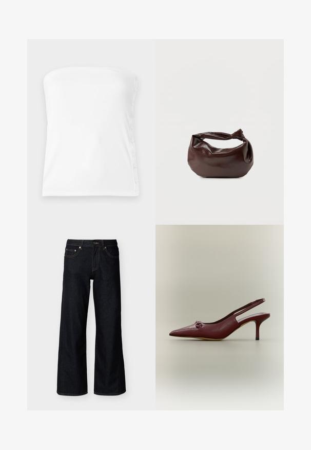 Top blanc sans bretelles en tissu côtelé, avec un décolleté droit et des boutons sur le côté droit pour un ajustement ajustable.; Jean denim bleu foncé à jambes larges avec bouton frontal, fermeture éclair et style cinq poches sur fond clair uni.; Chaussure à talon haut slingback en cuir rouge foncé avec bout pointu et petit nœud décoratif à l'avant, vue de profil sur fond neutre.; Sac bandoulière en cuir marron foncé avec une forme souple et décontractée et une anse nouée torsadée sur un fond blanc uni.