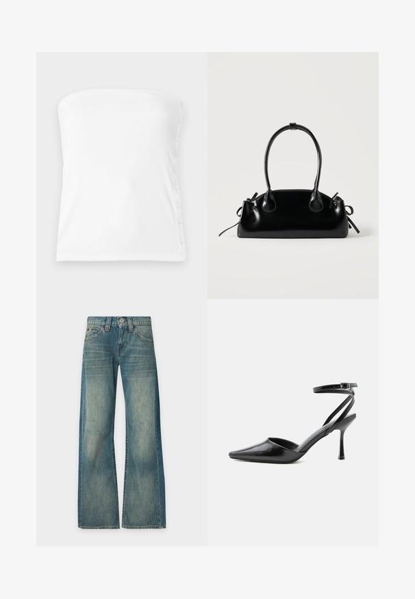 Top blanc sans bretelles en tissu côtelé, avec un décolleté droit et des boutons sur le côté droit pour un ajustement ajustable.; Jean en denim bleu à lavage délavé, taille haute, jambes larges, bouton et fermeture éclair devant, cinq poches, présenté sur un fond uni.; Escarpin noir à bout pointu avec fines brides de cheville et fermeture à boucle argentée sur fond clair uni.; Petit sac à main noir brillant avec deux longues anses et des détails à cordon sur les côtés sur un fond clair uni.
