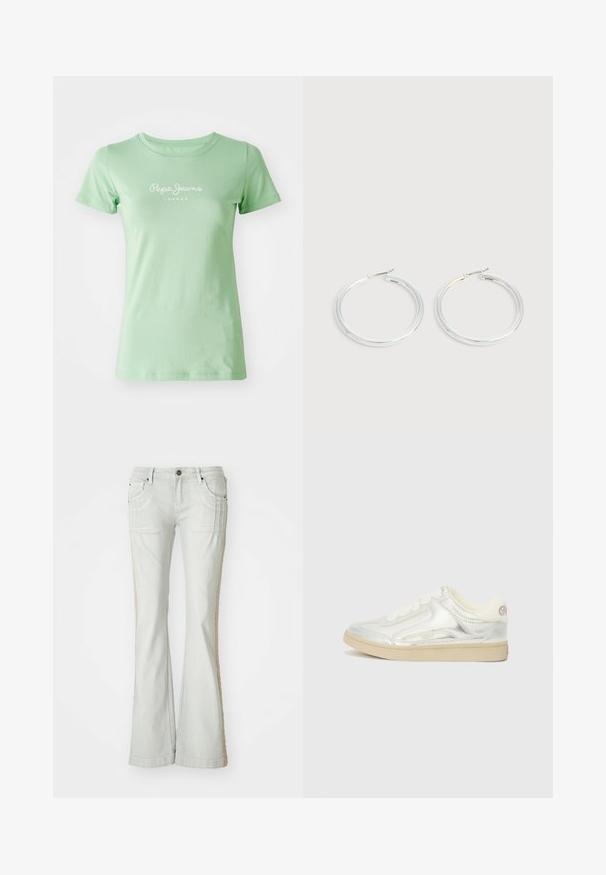 Muntgroene T-shirt met korte mouwen, gemaakt van glad katoen, met een wit logo "Pepe Jeans London" gecentreerd op de voorkant. Eenvoudig ontwerp.; Lichtgrijze denim flare jeans met zijzakken, voorzien van een gestructureerde beige streep langs de buitennaad, knoopsluiting en riemlussen.; Zilveren low-top sneaker met een gladde metalen afwerking, witte veters, beige rubberen zool en subtiele stiksels aan de zijkanten.; Een paar glanzende zilveren oorringen met dunne draadafsluitingen, getoond op een lichtgrijze achtergrond.