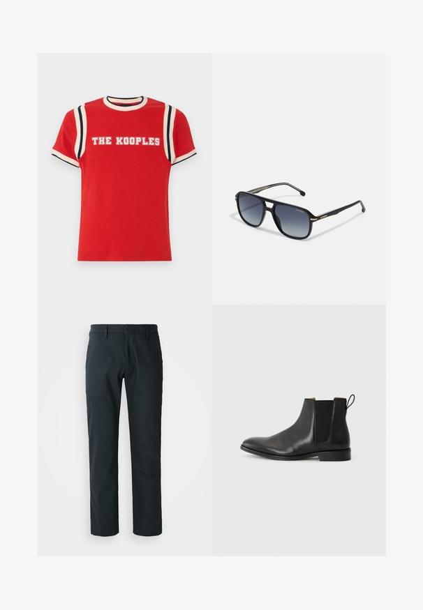 T-shirt en coton rouge avec un col rond côtelé, des accents rayés blancs et marins sur les épaules, et "THE KOOPLES" imprimé en lettres blanches en gras.; Pantalons noirs à jambes droites en tissu doux ; dotés de passants de ceinture et d'un design à plat à l'avant. Poches latérales incluses.; JOOP! PERO KLEITOS CHELSEA - Bottines - black; Lunettes de soleil noires carrées avec des verres dégradés, ornées d'accents dorés sur les branches et d'un design texturé sur les bras.