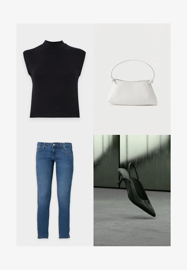 Schwarzes ärmelloses Oberteil mit hohem Ausschnitt. Aus weichem Stoff gefertigt, zeichnet es sich durch ein figurbetontes Design und eine glatte Textur ohne sichtbare Muster oder Akzente aus.; Blaue Slim-Fit-Denim-Jeans mit vorderem Knopf und Reißverschluss, zwei Vorder-Taschen und Gürtelschlaufen, vor einem schlichten hellen Hintergrund dargestellt.; Schwarzer Slingback-Highheel aus Leder mit spitzer Schuhspitze, schwebt über grauem Teppichboden, unscharfer grünlicher Wandhintergrund.; Weiße gewebte Lederhandtasche mit abgerundetem Griff und verknoteten Riemenenden, vor schlichtem Hintergrund präsentiert.