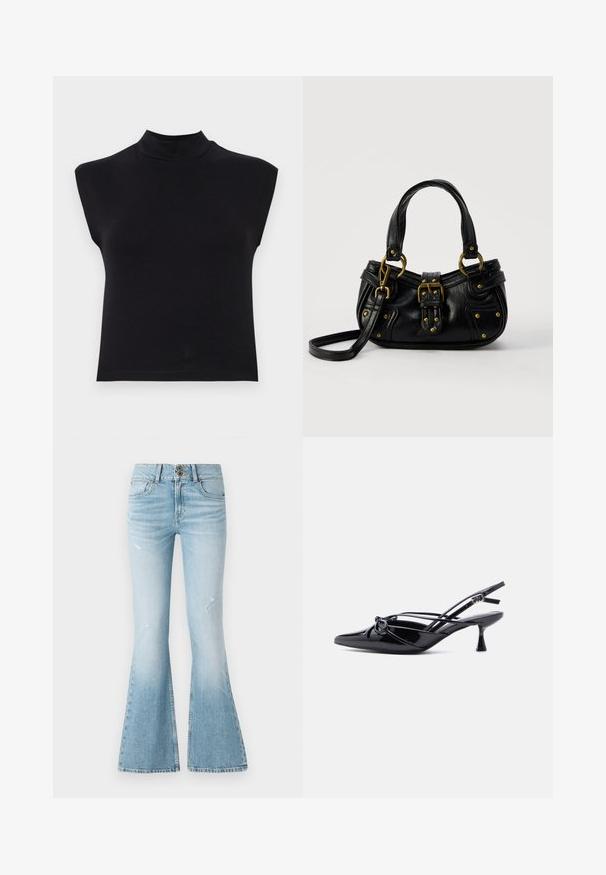 Top noir sans manches avec un col haut. Fabriqué en tissu doux, il présente un design ajusté et une texture lisse sans motifs ni accents visibles.; Jean en denim bleu clair évasé à taille haute, avec des déchirures subtiles, une fermeture à deux boutons et un design classique à cinq poches.; Escarpin slingback en cuir verni noir, bout pointu, petit talon kitten et nœud décoratif noué à l'avant.; Sac à main en cuir noir avec boucle dorée et détails à rivets, poignées courtes et bandoulière réglable sur fond blanc uni.