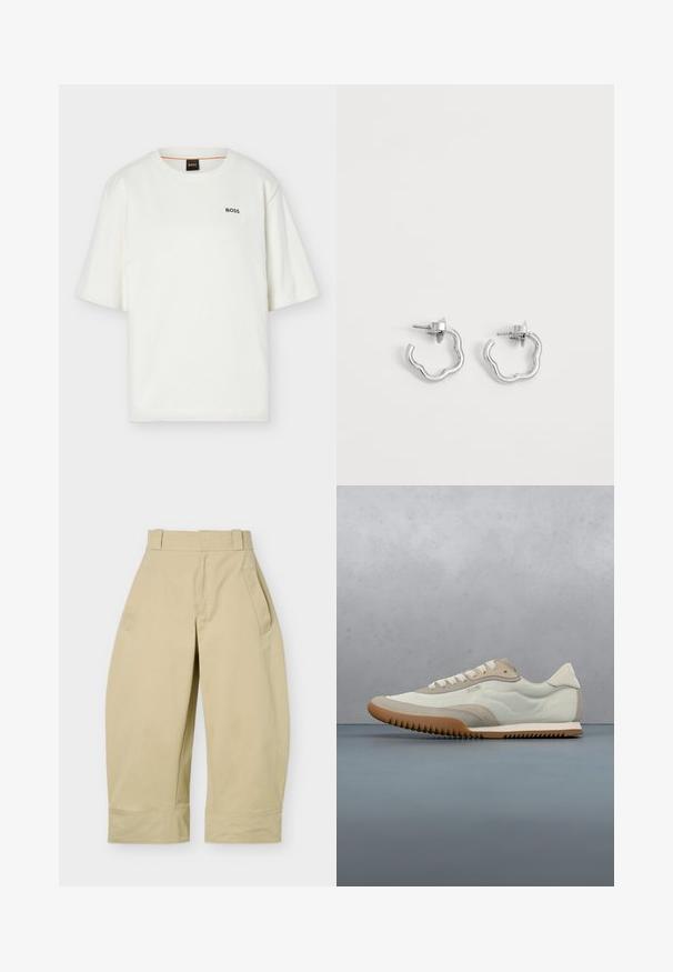 T-shirt blanc à manches courtes et col rond avec petit logo noir "BOSS" sur le côté gauche de la poitrine et étiquette noire à l'intérieur du col.; Pantalon beige taille haute, coupe large et courte, avec passants de ceinture, poches latérales et coutures apparentes aux ourlets.; Sneakers blancs et beiges avec une tige lisse et des accents en daim, une semelle texturée et des coutures ton sur ton. Fermeture à lacets avec détail de logo.; Paire de petites boucles d'oreilles créoles en argent avec des formes ondulées irrégulières et des fermoirs à tétons sur fond blanc uni.