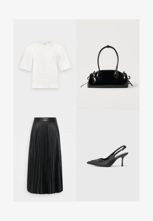 Blouse blanche à manches courtes avec bords festonnés et manches bouffantes, col rond, présentée sur un fond clair uni.; Jupe plissée noire en simili cuir, avec des plis verticaux, une ceinture lisse et une longueur au sol.; Escarpin en cuir noir à talon aiguille avec un bout pointu, une bride latérale à boucle, des clous le long du bord et un laçage décoratif à l'avant.; Petit sac à main noir brillant avec deux longues anses et des détails à cordon sur les côtés sur un fond clair uni.