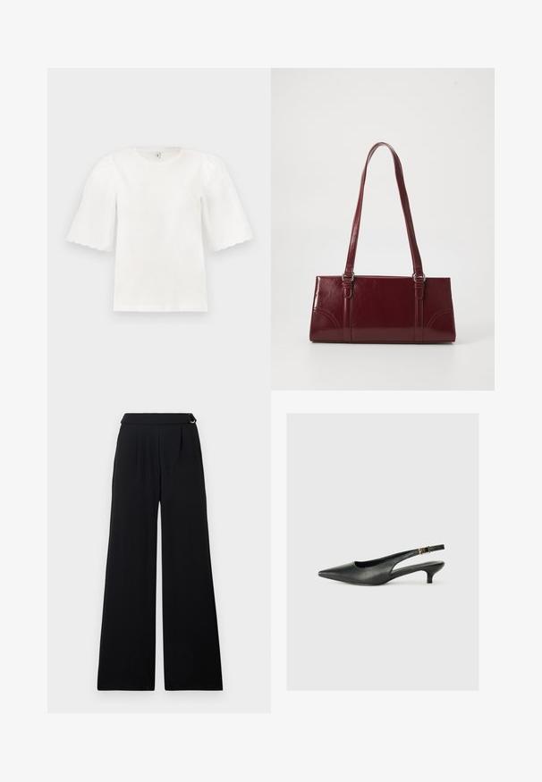 Blouse blanche à manches courtes avec bords festonnés et manches bouffantes, col rond, présentée sur un fond clair uni.; Pantalon noir à jambes larges avec taille haute, plis sur le devant et détail de boucle latérale sur la ceinture.; Chaussure slingback noire à bout pointu en cuir lisse. Présente un talon fin et un détail de boucle sur la sangle réglable.; Sac à main bordeaux en matériau brillant, de forme rectangulaire, avec deux anses et des accents légèrement courbés à l'avant.