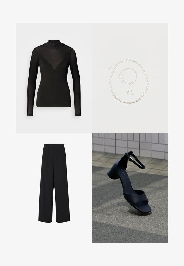 Top negro de manga larga con paneles transparentes que forman una forma de V en el escote. Textura suave, diseño ajustado, cuello alto.; Pantalones negros de pierna ancha y recortados con una cintura alta y bolsillos laterales, que presentan detalles de costura vertical sutil.; Sandalia negra de piel con punta abierta, tira en el tobillo y tacón bajo tipo bloque flotando sobre el asfalto cerca de una pared revestida de azulejos.; Collar, pulsera y pendientes con perlas blancas alternadas y cristales redondos transparentes en cadena de plata, dispuestos sobre un fondo claro.