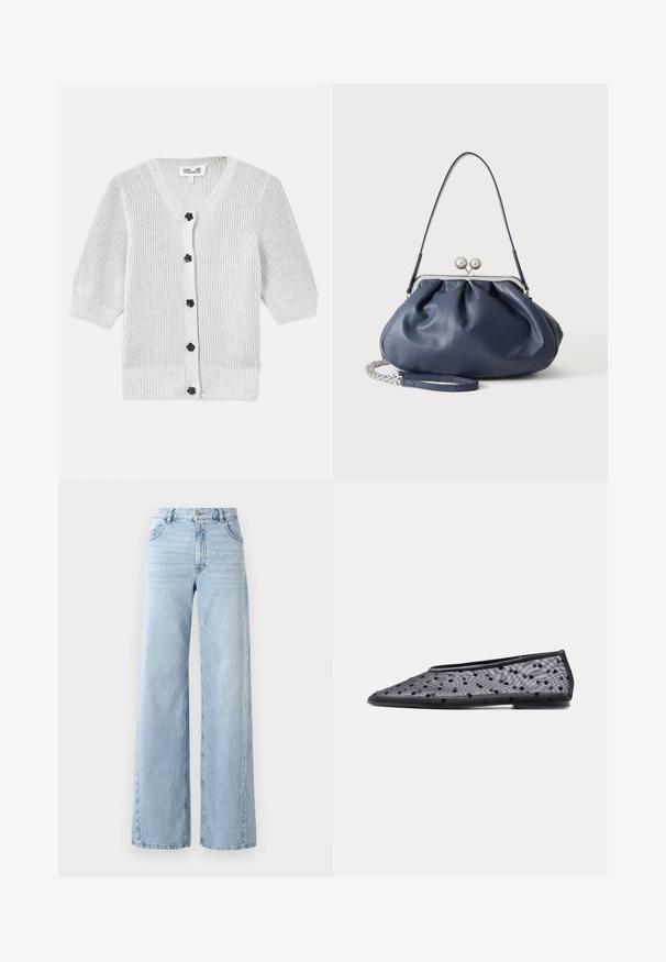 Graue Strickjacke mit V-Ausschnitt, drei Viertelärmeln, strukturiertem Stoff und schwarzen Blumenknöpfen auf der Vorderseite.; Weite helle blaue Jeans mit hoher Taille, fünf Taschen und ausgewaschenem Look. Verfügt über gesteppte Details und einen geraden Schnitt am Saum.; Schwarzer flacher Schuh mit spitzer Zehe, transparentem Stoff und schwarzem Polka-Dot-Muster auf hellem Hintergrund.; Weiche navyblaue Ledertasche mit silberner Verschlussklammer, einem einzelnen Schulterriemen und abnehmbarem Ketten-Handgelenksriemen auf weißem Hintergrund.