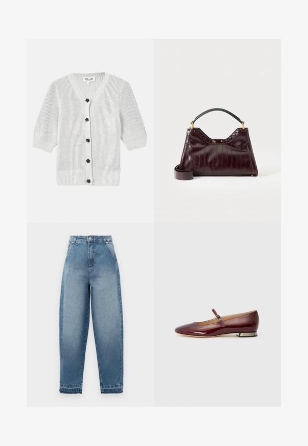 Grå strikket cardigan med V-hals, trekvartærmer, tekstureret stof og sorte blomsterknapper foran.; Lyseblå denimjeans med høj talje, løs pasform, fem-lommer design og frynsede kanter. Har klassisk syning og lynlås foran.; Bordeaux patentlæder flad sko med en afrundet tå, en rem over vampsen og en lav hæl med metalaccenter. Glat tekstur.; Mørk bordeaux læderhåndtaske med tekstureret mønster, sort topgreb, guldfarvet hardware og aftagelig skulderrem på hvid baggrund.