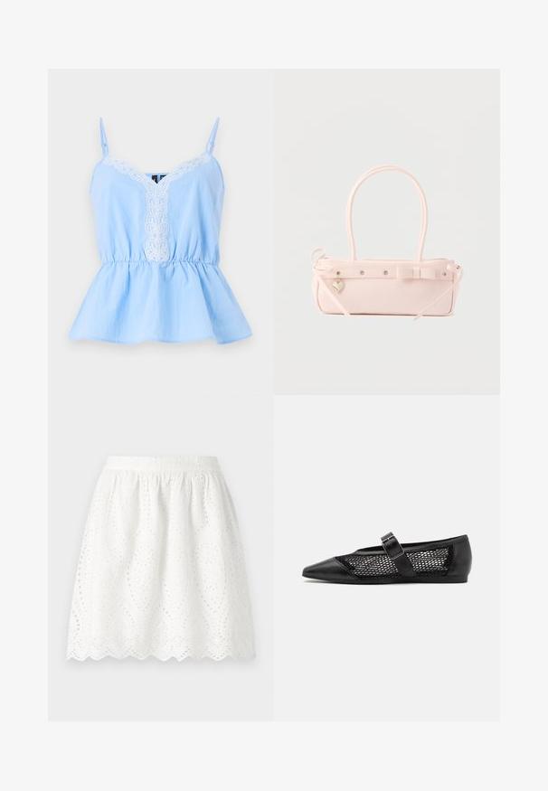 Haut sans manches bleu clair avec un décolleté en V, présentant des détails brodés blancs sur le devant et une taille élastique pour une silhouette évasée.; Jupe blanche en dentelle avec un ourlet en forme de vagues. Présente une taille froncée et des motifs perforés complexes sur tout le tissu.; Chaussure plate noire avec un bout pointu, panneaux latéraux en maille et une sangle avec une boucle décorative. Fini lisse sur les sections du bout et du talon.; Sac à main rectangulaire rose pâle avec double poignée, nœud décoratif, œillets métalliques et petit charm en forme de cœur sur un fond uni.
