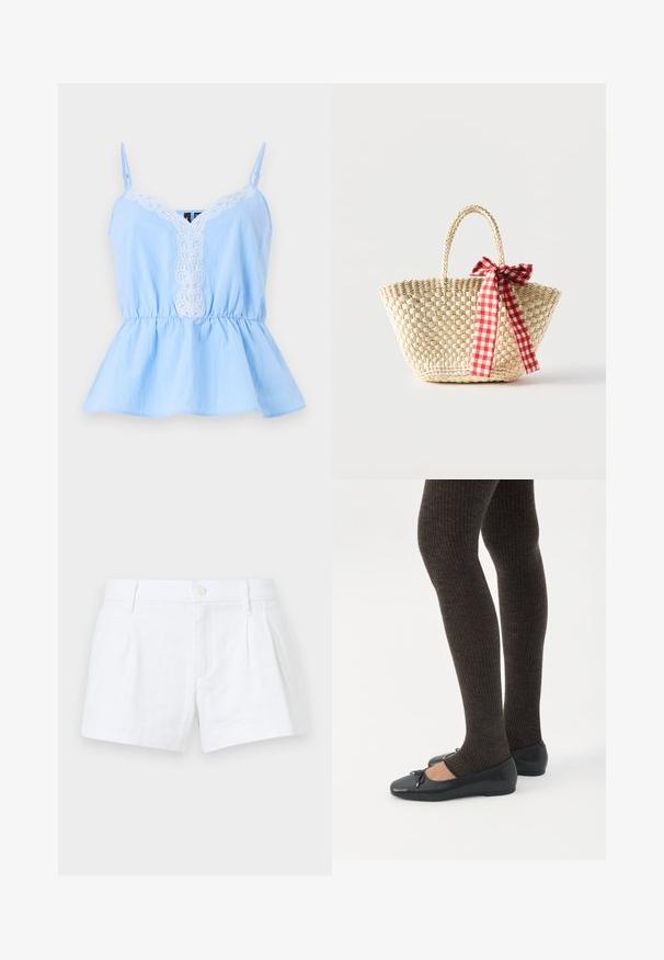 Haut sans manches bleu clair avec un décolleté en V, présentant des détails brodés blancs sur le devant et une taille élastique pour une silhouette évasée.; Shorts en lin blanc avec des plis, une fermeture à bouton et des poches latérales. Présente une coupe ajustée et une texture lisse.; Jambes portant des leggings côtelés foncés associés à des ballerines noires avec de petits détails en nœud sur fond blanc.; Sac cabas en paille tissée avec des poignées tressées et un ruban à carreaux rouge et blanc noué en un nœud d'un côté.