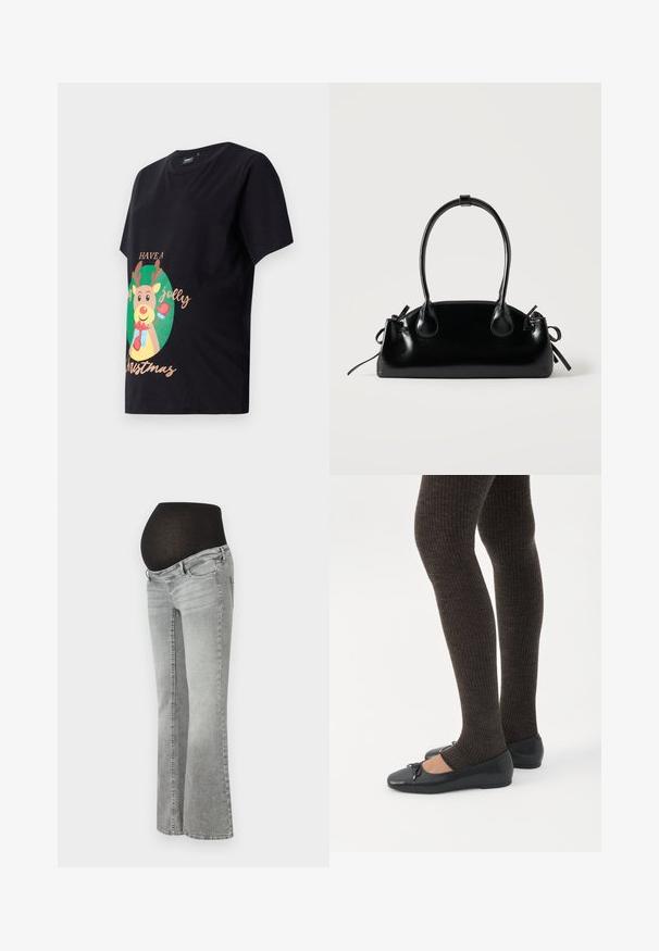 Camiseta negra de algodón con un reno impreso con cuernos, un manopla roja y el texto "Que tengas una feliz Navidad" en dorado.; Vaqueros de maternidad en denim gris con un panel elástico negro sobre la barriga, que presenta un diseño de pierna recta y una sutil textura desgastada.; Piernas con leggings oscuros acanalados combinados con bailarinas negras que presentan pequeños detalles de lazo sobre un fondo blanco.; Pequeño bolso negro brillante con dos asas largas y detalles de cordón lateral sobre un fondo claro liso.