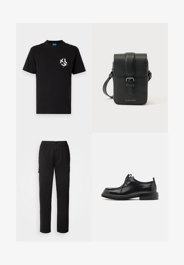 Camiseta de algodón negra con un gráfico blanco en la parte izquierda del pecho. Cuello redondo, mangas cortas y un diseño de corte clásico.; Pantalones cargo negros hechos de tela duradera; cuentan con una cinturilla elástica, bolsillos frontales y laterales, y un diseño de pierna recta.; Calvin Klein LACE UP APRON BRUSH OFF - Zapatos de vestir - black; Bolso bandolera de cuero negro con textura de guijarros, con una correa con hebilla en el frente y el logo de Calvin Klein en el centro inferior sobre un fondo blanco.