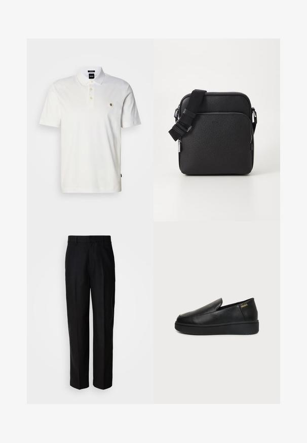 Polo blanc en coton, doté d'une patte de boutonnage à trois boutons, de manches courtes et d'un petit logo brodé sur le côté gauche de la poitrine.; Pantalon noir en tissu lisse, avec une coupe droite, une taille plate et des passants de ceinture, présenté sur un fond uni.; Chaussure noire en cuir à enfiler avec semelle épaisse et petits trous de ventilation latéraux, avec un logo doré "HUGO" près du talon.; Sac bandoulière en cuir noir avec une surface texturée, doté d'une poche zippée à l'avant, d'une bandoulière ajustable et d'accents en métal.