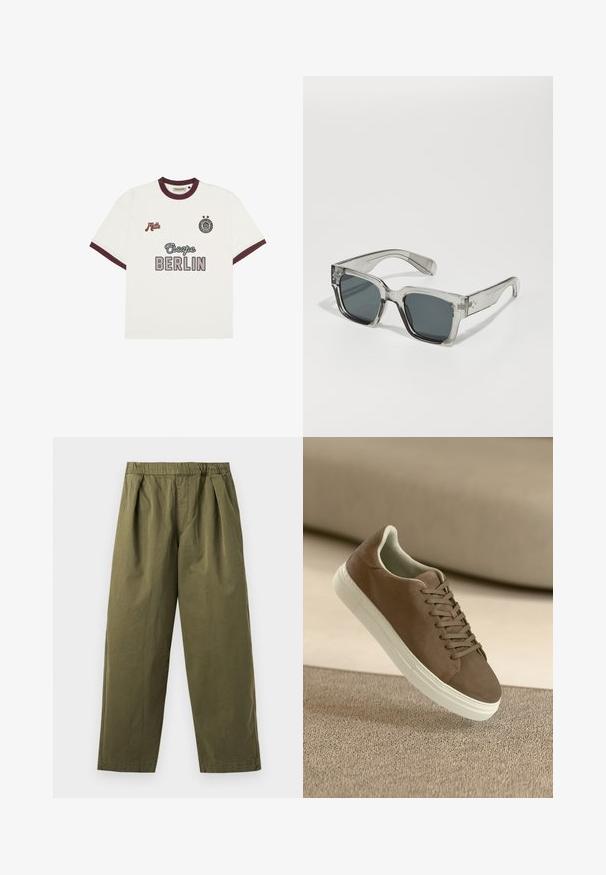 T-shirt blanc à manches courtes avec des bordures bordeaux, avec le texte "Escape BERLIN" au centre devant, "Mitte" sur la poitrine gauche, et un emblème circulaire avec deux étoiles sur la poitrine droite.; Pantalon large vert olive avec une taille élastique et des plis sur le devant, présenté sur un fond clair.; Baskets en suede marron avec une texture lisse, un design à lacets et une semelle en caoutchouc blanc. Présente un bout arrondi et une forme épurée.; Lunettes de soleil claires et surdimensionnées avec des verres foncés, dotées d'une monture rectangulaire épaisse et d'accents texturés sur les branches. Fabriquées en plastique transparent.