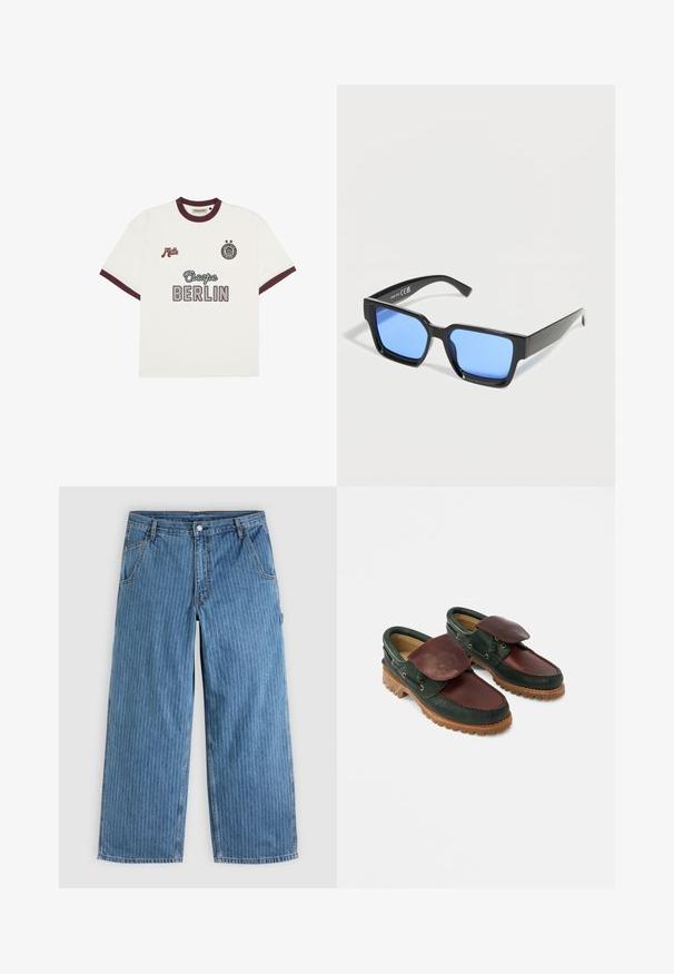 Witte T-shirt met korte mouwen en bordeauxrode afwerking, "Escape BERLIN" tekst op de voorkant in het midden, "Mitte" op de linkerborst en een cirkelvormig embleem met twee sterren op de rechterborst.; Blauwe jeans met wijde pijpen en dunne witte verticale spijkerstreepjes, voorzakken, riemlussen en een knoopsluiting in de taille.; Leren schoenen met een donkergroene body en een wijnrode bovenkant, een ronde neus, een beveiligde klep en een gestructureerde rubberen zool met groeven.; Zwarte rechthoekige zonnebril met blauw getinte glazen, schuin bekeken tegen een witte achtergrond.