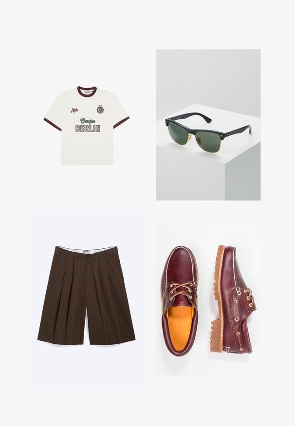 Camiseta blanca de manga corta con ribete burdeos, texto "Escape BERLIN" en el centro del frente, "Mitte" en el lado izquierdo del pecho y un emblema circular con dos estrellas en el lado derecho del pecho.; Pantalones cortos marrones plisados hasta la rodilla con bolsillos laterales, trabillas para cinturón y cierre de botón, etiquetados con "WEEKDAY" en la cinturilla interior.; Zapatos de cuero burdeos con suelas de goma marrón, puntera redonda, costuras blancas y ojales dorados. El interior cuenta con un forro amarillo.; Gafas de sol Ray-Ban con lentes verdes, montura de plástico negro y acentos dorados en los bordes. Forma cuadrada con acabado mate.