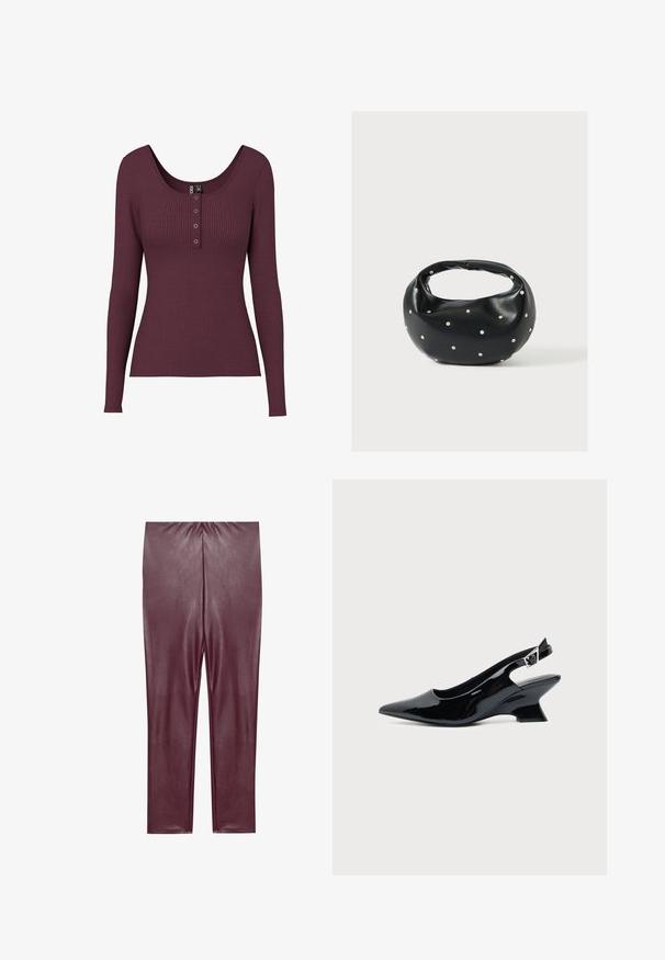 Bordeaux ribbet langærmet top med en rund halsudskæring og tre knapdetaljer ved brystet. Lavet af struktureret strikmateriale.; Bordeaux faux læder leggings med en glat tekstur, høj talje og tætsiddende design, der strækker sig til anklerne uden yderligere detaljer.; Sort laklæder slingback sko med spids tå og lav vinklet blokhæl på ensartet lys baggrund.; Sort læderhåndtaske med en rundet form, dekoreret med sølvnitter, og et kort håndtag. Glat tekstur og lynlåslukning.