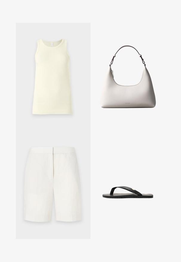 Débardeur en coton jaune clair avec une texture côtelée, un col rond et de larges bretelles. Tombe droit sans embellissements.; Shorts en coton blancs avec une coupe droite, un devant plat et une texture subtile. Ils présentent une taille et pas de poches visibles. Design simple.; Tongs noires avec une semelle plate, une semelle intérieure texturée noire, des sangles lisses et un petit accent doré près du séparateur de orteils.; Sac à bandoulière en cuir couleur crème de Calvin Klein avec bord supérieur incurvé, fermeture éclair argentée et sangle ajustable brun foncé.