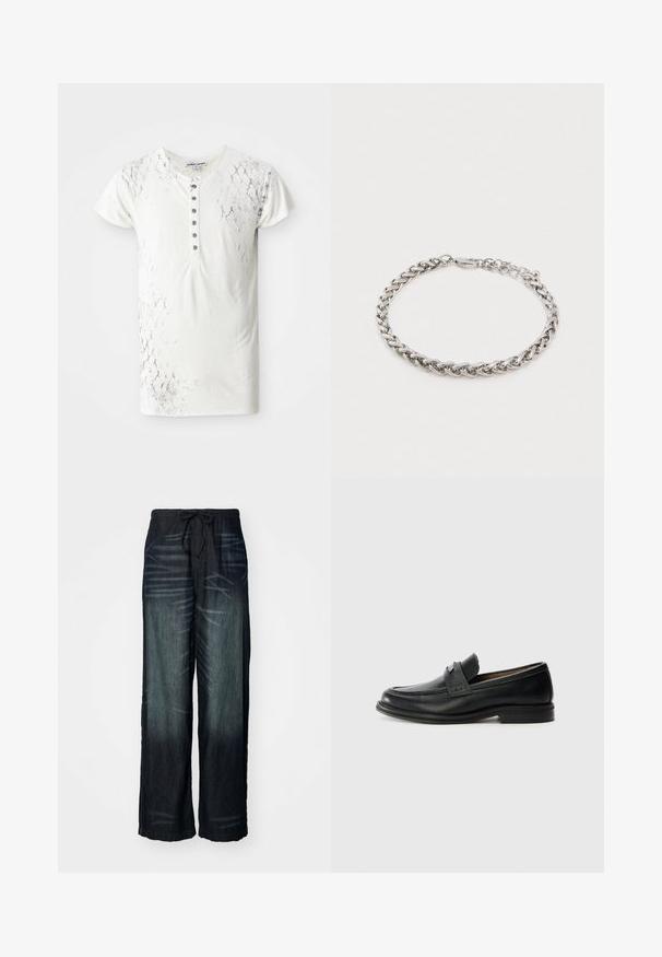 Witte T-shirt met korte mouwen met een gestructureerd slangenhuidpatroon en een knoopsluiting met donkergrijze knopen in het midden.; Wijdvallende broek van donker denim met een geleidelijke vervaging. Heeft een elastische tailleband met een trekkoord. Gladde textuur met subtiele slijtagepatronen.; Zwarte lederen instappers met een gladde afwerking, voorzien van een gestructureerde bovenband, lage hak en minimale stiksel-details.; Zilveren gedraaide kettingarmband met een karabijnsluiting en verstelbare schakels op een effen witte achtergrond.