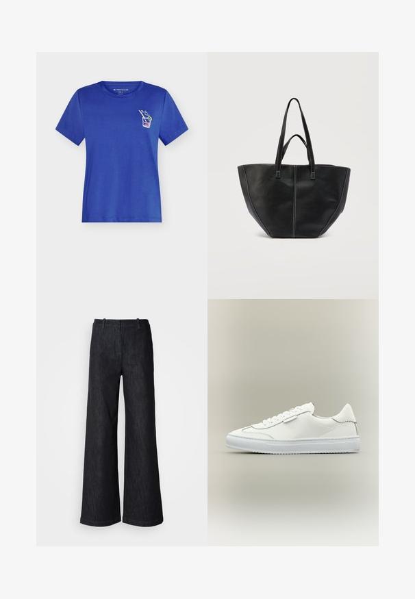 T-shirt bleu à manches courtes et col rond, avec un petit motif de cocktail et le texte "Bella Italia" sur la poitrine gauche.; Pantalon en denim noir à jambes larges avec une finition texturée, doté de passants pour ceinture et d'un ourlet net. Design classique, adapté à diverses occasions.; Baskets basses blanches avec fermeture à lacets, dessus en cuir lisse et semelle extérieure blanche texturée en caoutchouc sur un fond neutre.; Sac fourre-tout en cuir noir avec deux poignées et des coutures blanches contrastantes, présentant une forme large et structurée avec des détails de coutures centrales.