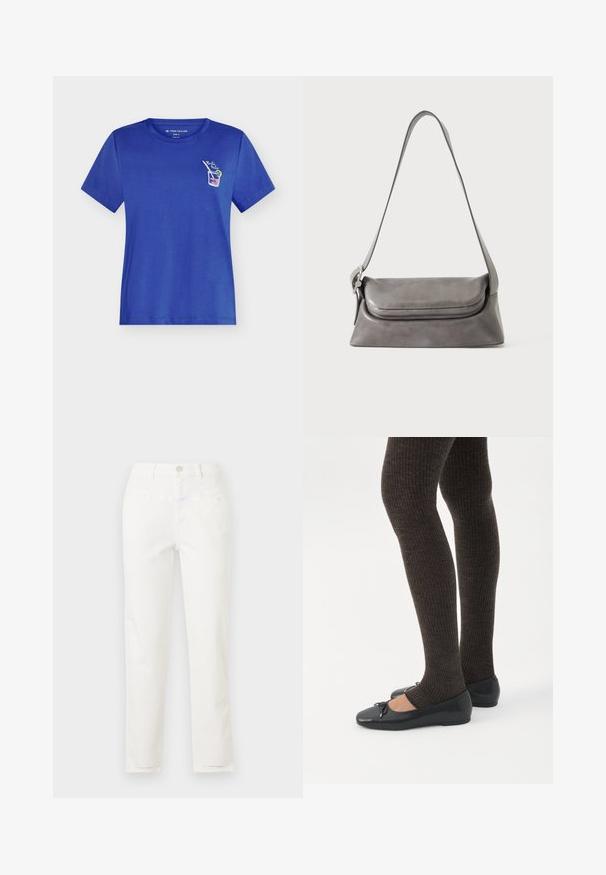 T-shirt bleu à manches courtes et col rond, avec un petit motif de cocktail et le texte "Bella Italia" sur la poitrine gauche.; Jean blanc à jambes droites avec poches avant, passants de ceinture et fermeture par bouton à la taille.; Jambes portant des leggings côtelés foncés associés à des ballerines noires avec de petits détails en nœud sur fond blanc.; Sac à épaule en cuir gris avec un rabat incurvé et une longue sangle fine suspendus sur un fond blanc.