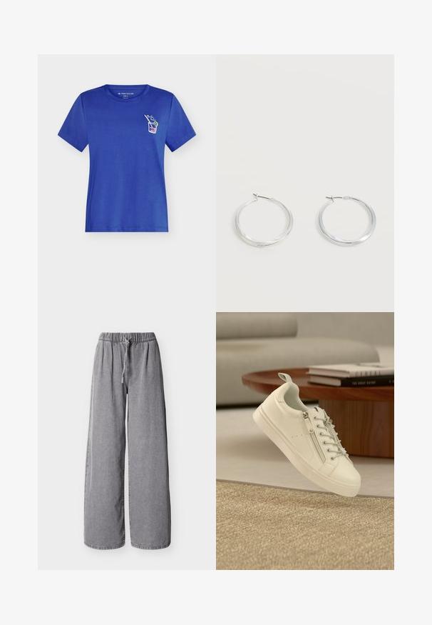 T-shirt bleu à manches courtes et col rond, avec un petit motif de cocktail et le texte "Bella Italia" sur la poitrine gauche.; Pantalon gris en jean à jambes larges avec taille élastique et cordon de serrage, présenté à plat sur un fond blanc.; Baskets blanches basses avec fermeture éclair latérale et lacets, placées près d'une table ronde en bois marron avec des livres empilés.; Boucles d’oreilles créoles en métal argenté avec une surface lisse légèrement incurvée et des fermoirs à clapet sur un fond blanc uni.