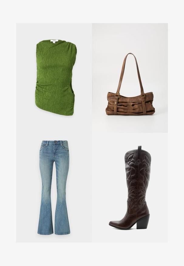 Haut vert sans manches texturé avec un col rond et des côtés froncés, présenté sur un fond clair et plat.; Jeans évasés bleu clair fabriqués en denim. Comprend une fermeture à bouton à l'avant, cinq poches et un léger délavage pour la texture.; Botte de cowboy haute en cuir marron foncé avec motifs décoratifs cousus, bout pointu et talon bloc empilé.; Even&Odd Sac à main - brown