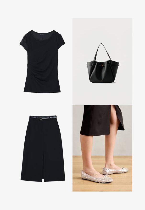 Haut noir à manches courtes en tissu doux, avec un panneau texturé sur une épaule, un design asymétrique et des détails froncés sur le côté.; Jupe noire à mi-cuisse avec une fente frontale, fabriquée en tissu lisse. Comprend une fine ceinture noire avec une boucle en argent et des passants.; Ballerines en sequins beiges avec un bout rond, ornées d'un accent nœud, associées à une jupe noire, exposées sur un sol en bois.; Sac cabas en cuir noir avec deux bretelles, un petit fermoir doré et le logo "Anna Field" sur fond blanc.