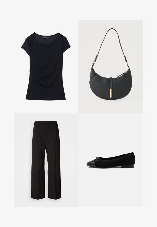 Haut noir à manches courtes en tissu doux, avec un panneau texturé sur une épaule, un design asymétrique et des détails froncés sur le côté.; Pantalons larges noirs avec un design plissé, une taille élastique et une texture de tissu lisse. Convient à diverses occasions.; Ballerine noire avec bout en cuir verni, petit détail nœud et talon bas sur fond blanc uni.; Sac à main noir en forme de croissant avec une bandoulière unique, une fermeture éclair dorée et une languette décorative rectangulaire dorée à l'avant.