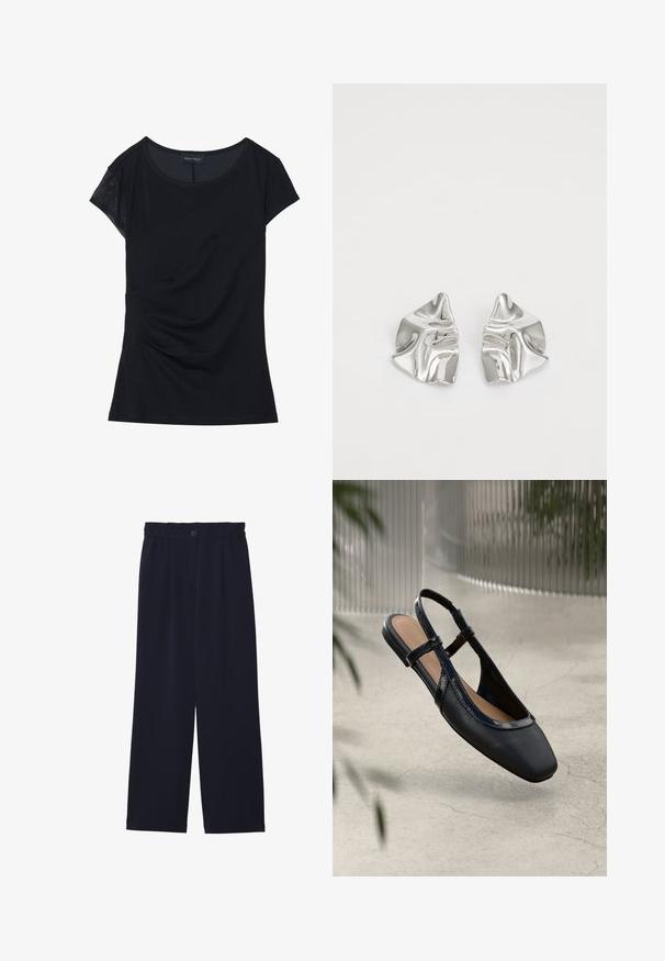 Haut noir à manches courtes en tissu doux, avec un panneau texturé sur une épaule, un design asymétrique et des détails froncés sur le côté.; Pantalons large bleu marine avec une texture lisse, taille élastique, pli avant unique et fermeture à bouton à la taille.; Chaussure plate slingback en cuir noir avec un orteil carré, dotée d'un fini verni brillant et de sangles ajustables pour un maintien sécurisé.; Boucles d'oreilles en métal argenté avec un design ondulé et sculptural, présentant une finition polie et des formes irrégulières, mettant en valeur une esthétique contemporaine.