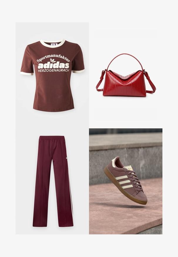 Pruun lühikeste varrukatega T-särk, millel on kreemivärvi krae ja varrukate ääred. Tootees on suur valge tekst, mis ütleb "Sportmanufactur adidas Herzogenaurach."; Tumepunased spordipüksid elastse vöökohaga, külgedel lükandtaskud, valged küljestriibud ja väike valge Adidas logo paremal reiel.; Roosa nahast spordijalats beežide aktsentidega, millel on kolm valget triipu, ümar nina, pruun kummist tald ja paelad. Klassikaline disain õmblustega.; Punane käekott, mis on valmistatud läikivast materjalist ja millel on struktureeritud kuju. Omadusteks on kaarjas käepide, reguleeritav rihm ja vertikaalsed reljeefsed mustrid.